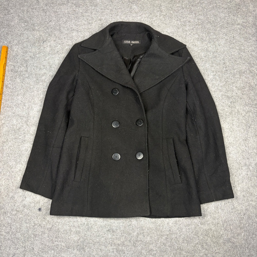 Steve Madden Womens Black Double Breasted Wool Blend Pea Coat Jacket Size M